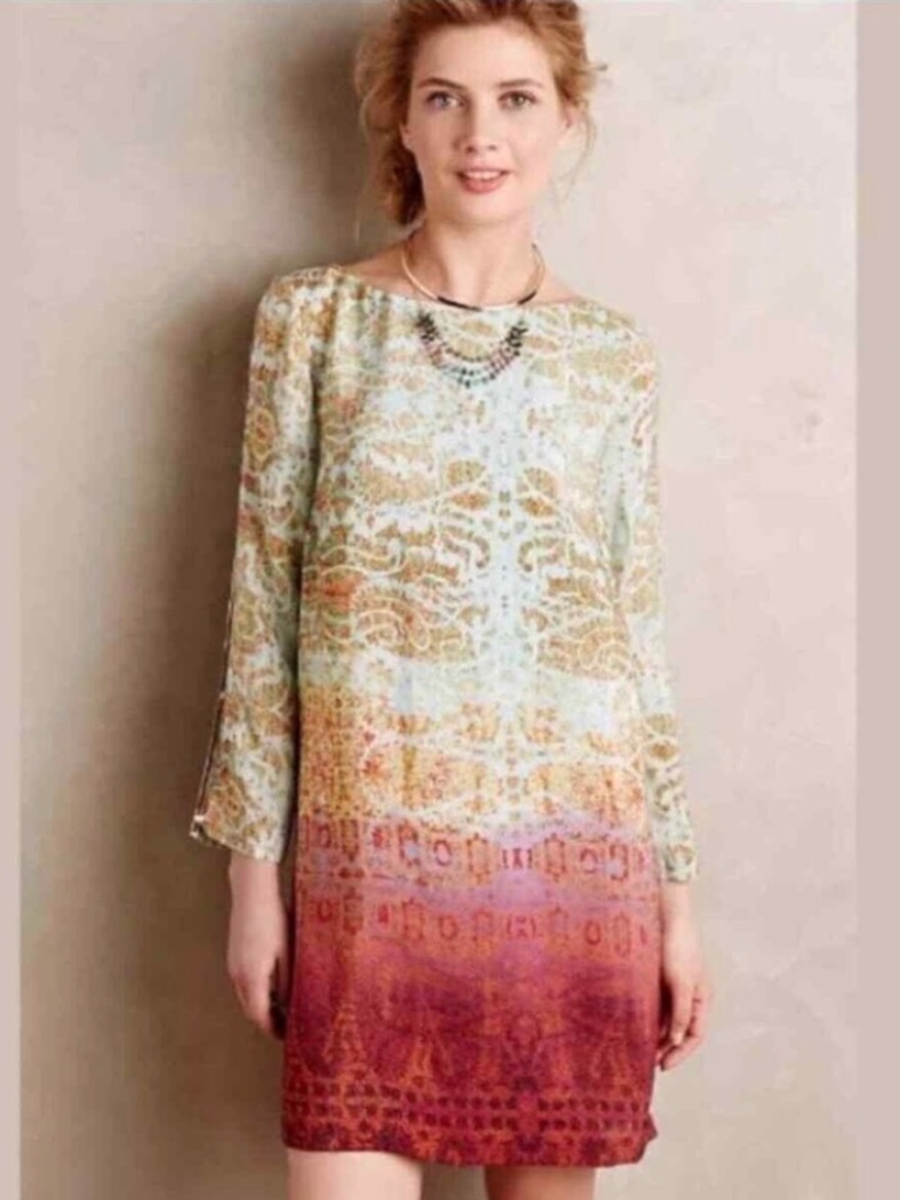 Anthropologie Maeve Cleome Silk Ombré Watercolor Tunic Dress Green Pink SZ S